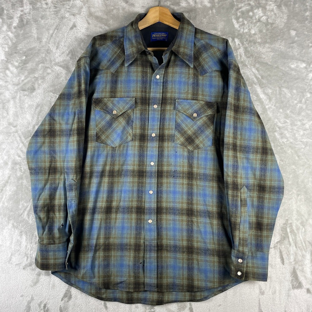 Vintage Pendleton Canyon Shirt Mens L Blue Shadow Plaid Wool Pearl Snap *read*